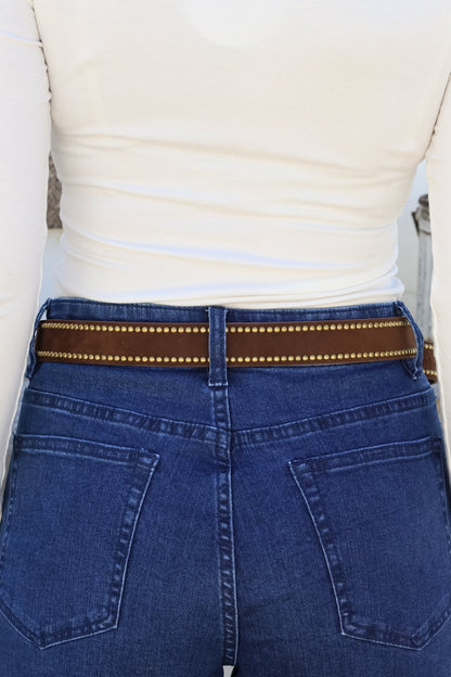 Jace PU Leather Gold Buckle Studded Belt - Velvet Brown