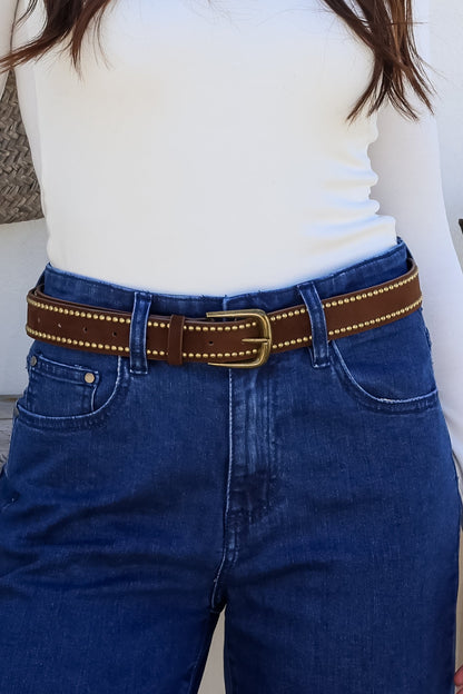 Jace PU Leather Gold Buckle Studded Belt - Velvet Brown