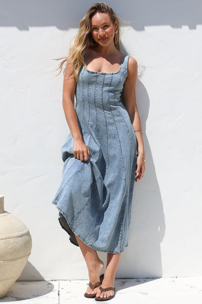 Jadely Midi Dress - Adjustable Strap A-Line Denim Sun Dress in Light Denim
