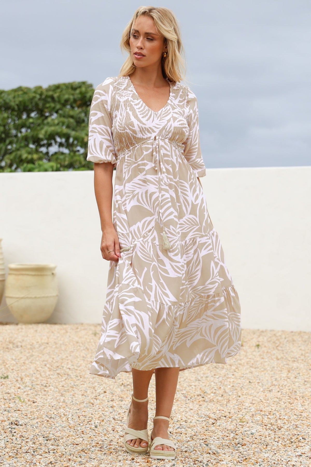 Jaden Midi Dress - Elasticated Bodice A-Line Dress in Jeani Print Beige