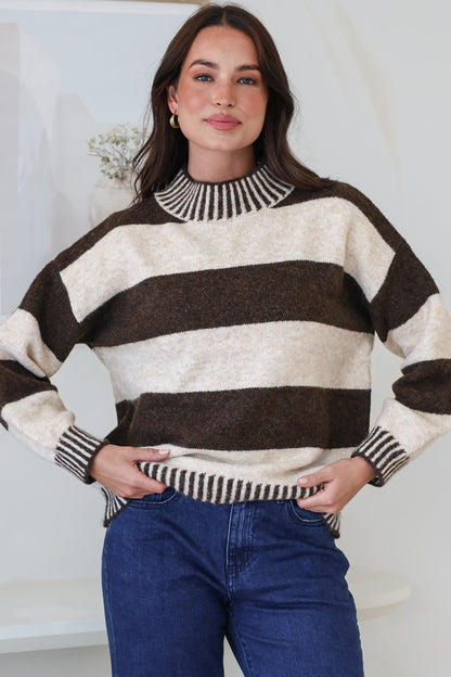 Janie Jumper - Mock Neck Striped Jumper with Contrast Stripe Hemlines in Chocolate