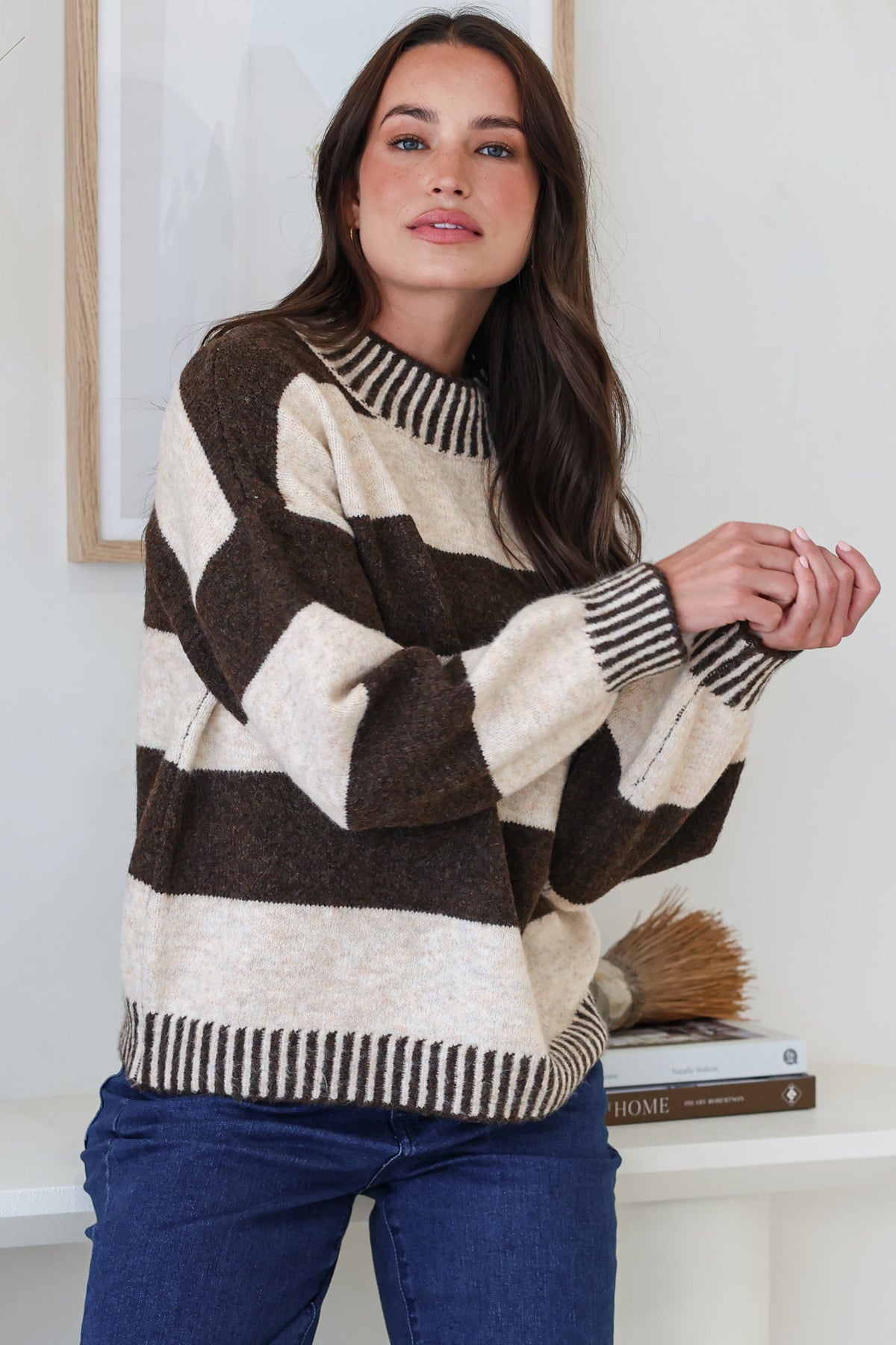 Janie Jumper - Mock Neck Striped Jumper with Contrast Stripe Hemlines in Chocolate