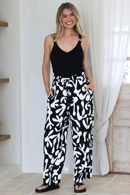 Jaxie Pants - Elasticated Paperbag Waist with Drawstring Wide Leg Pants with Pockets in Black