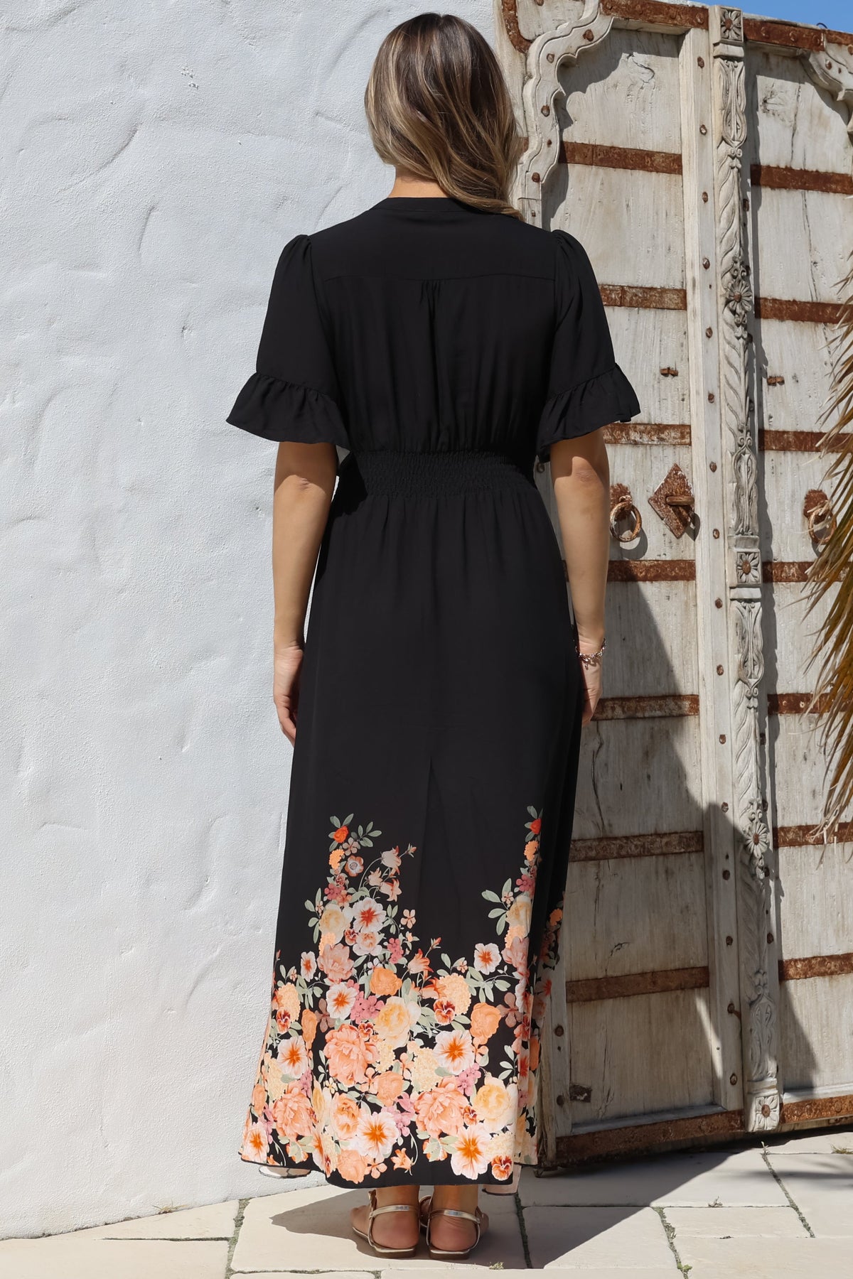 Jemina Maxi Dress - V-Neck Elasticated Waist A-Line Dress in Florence Print Black
