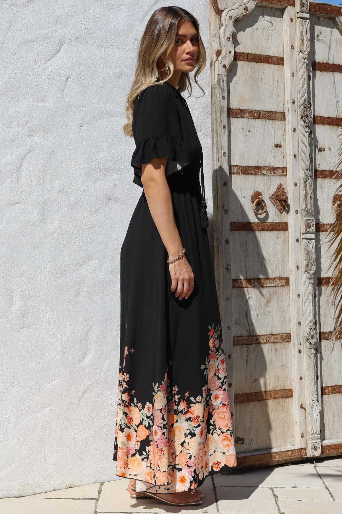 Jemina Maxi Dress - V-Neck Elasticated Waist A-Line Dress in Florence Print Black