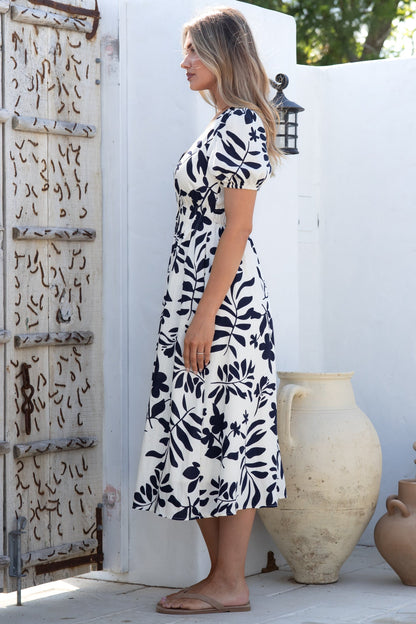 Jillie Midi Dress - V Neck Button Down Dress with Pockets in Avaria Print