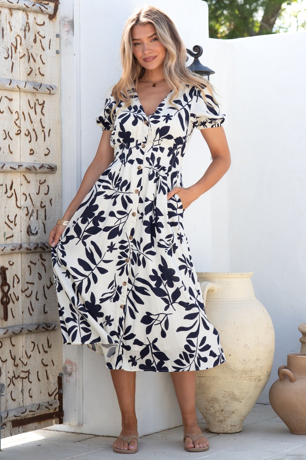 Jillie Midi Dress - V Neck Button Down Dress with Pockets in Avaria Print