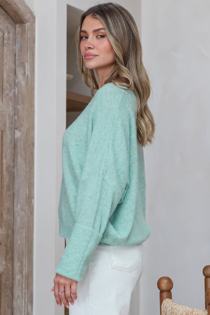 Joanne Knit Top - Crew Neckline Bat Wing Long Sleeve Top in Light Green
