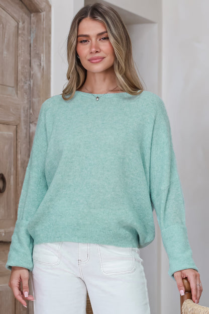 Joanne Knit Top - Crew Neckline Bat Wing Long Sleeve Top in Light Green