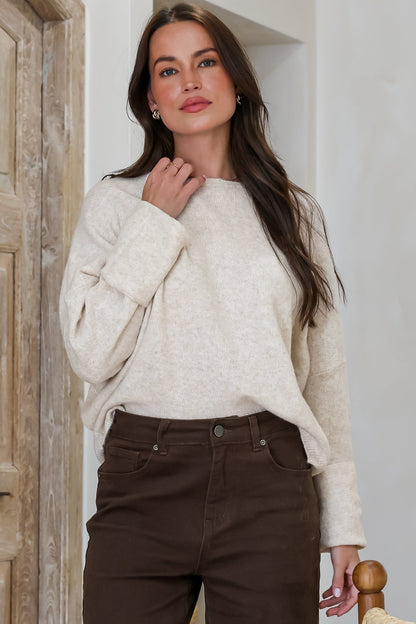 Joanne Knit Top - Crew Neckline Bat Wing Long Sleeve Top in Oatmeal