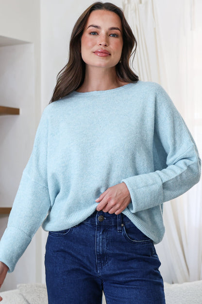 Joanne Knit Top - Crew Neckline Bat Wing Long Sleeve Top in Sky Blue