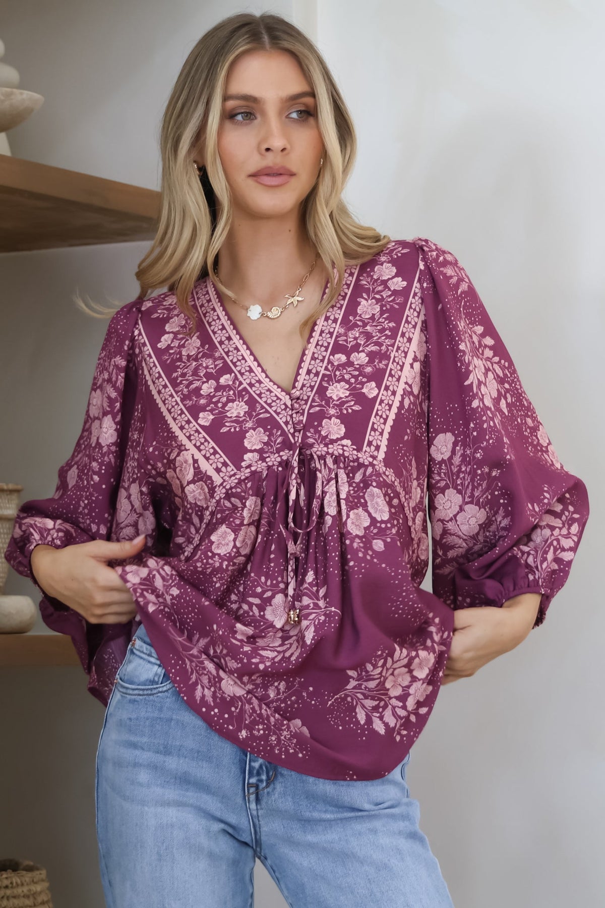 Joelle Top - V Neck High-Low Top in Briella Print in Berry