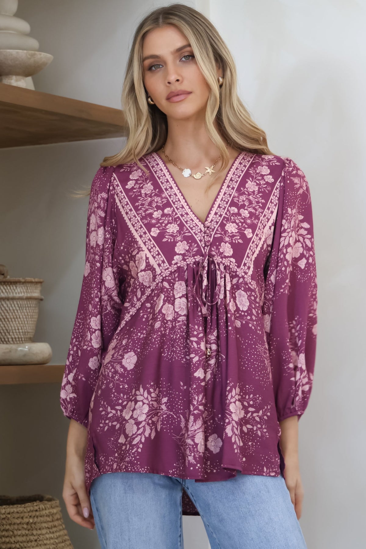 Joelle Top - V Neck High-Low Top in Briella Print in Berry