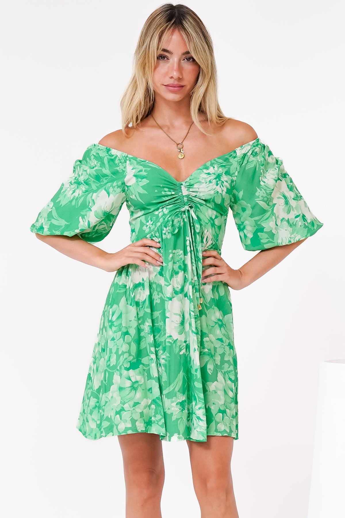 Justina Mini Dress - V-Neck Gathered Bodise On or Off Shoulder Mini Dress in Sondra Print Green