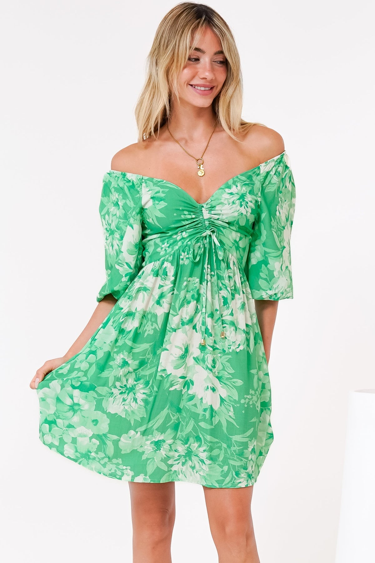 Justina Mini Dress - V-Neck Gathered Bodise On or Off Shoulder Mini Dress in Sondra Print Green
