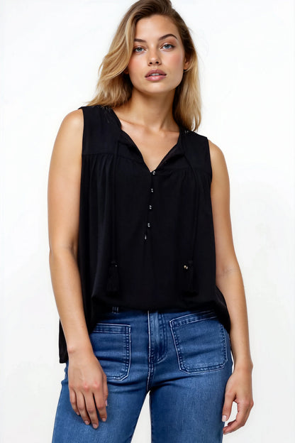 Kalari Top - Sleeveless Mandarin Collar with Tassel & Bells Neck Tie in Black