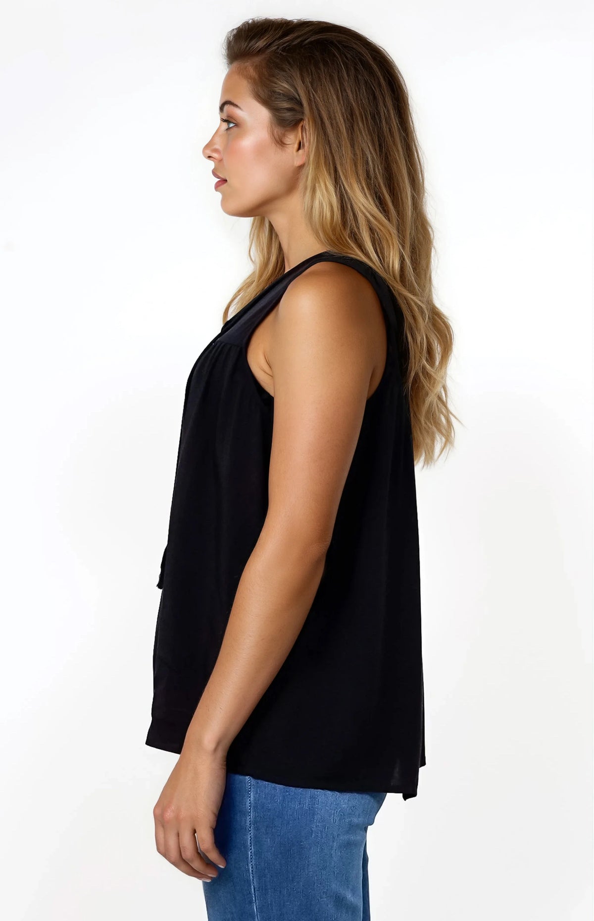 Kalari Top - Sleeveless Mandarin Collar with Tassel & Bells Neck Tie in Black