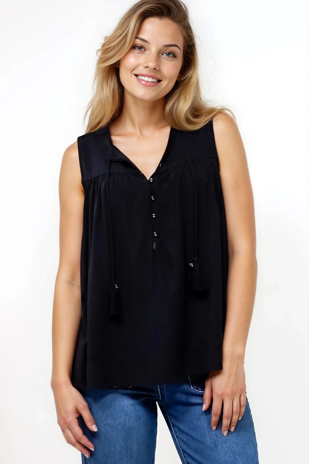Kalari Top - Sleeveless Mandarin Collar with Tassel & Bells Neck Tie in Black