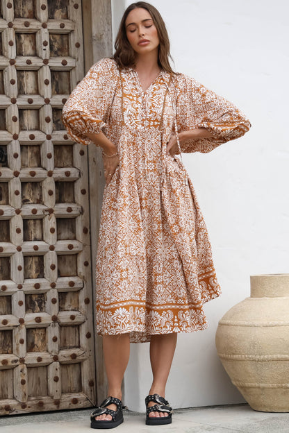 Kamali Midi Dress - Batwing Sleeve Smock Dress with Lace Detailing in Harley Print Rust