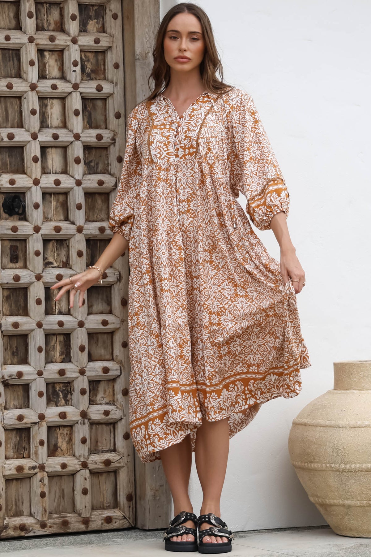 Kamali Midi Dress - Batwing Sleeve Smock Dress with Lace Detailing in Harley Print Rust