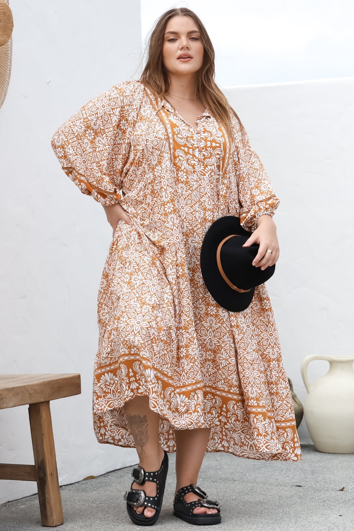 Kamali Midi Dress - Batwing Sleeve Smock Dress with Lace Detailing in Harley Print Rust