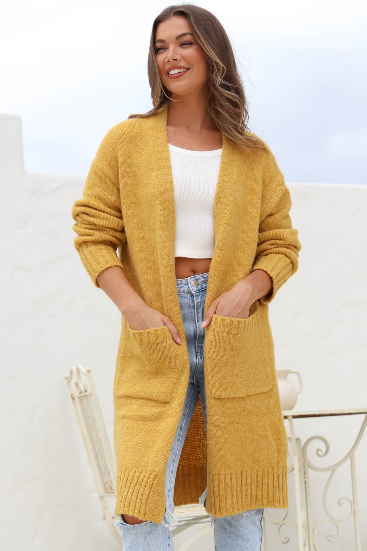 Kartika Cardigan - Long Ribbed Cuff and Hem Cardigan with Pockets in Mustard