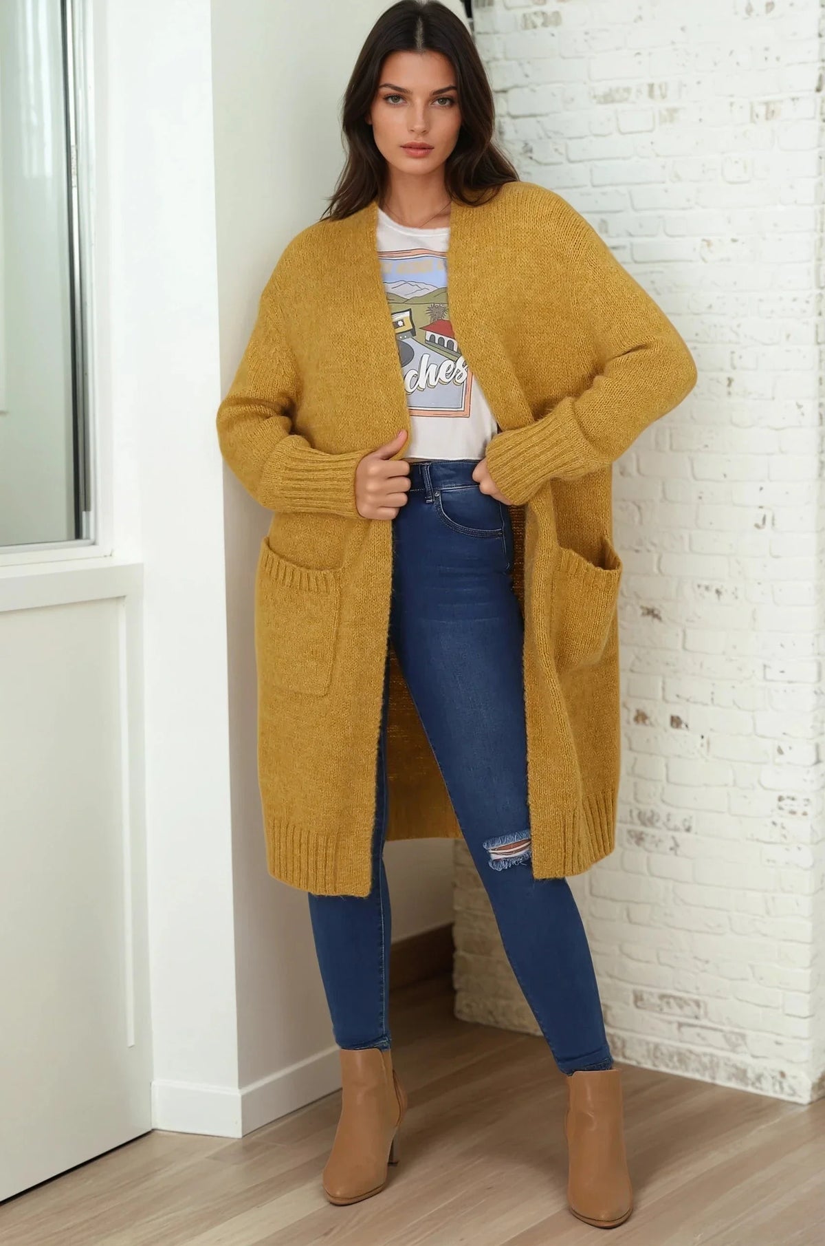 Kartika Cardigan - Long Ribbed Cuff and Hem Cardigan with Pockets in Mustard
