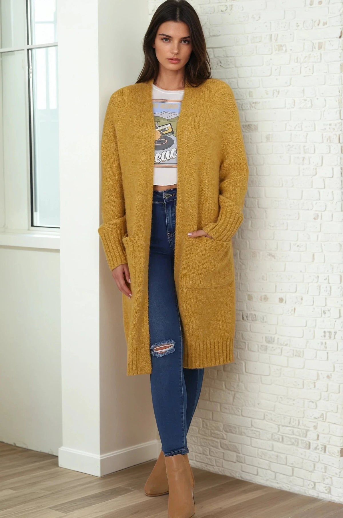 Kartika Cardigan - Long Ribbed Cuff and Hem Cardigan with Pockets in Mustard