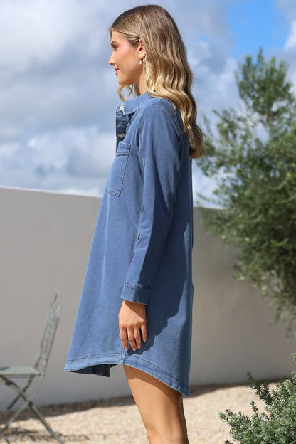 Kaylee Mini Dress - Collared Button Down with Scoop Hemline and Long Sleeves in Denim Blue