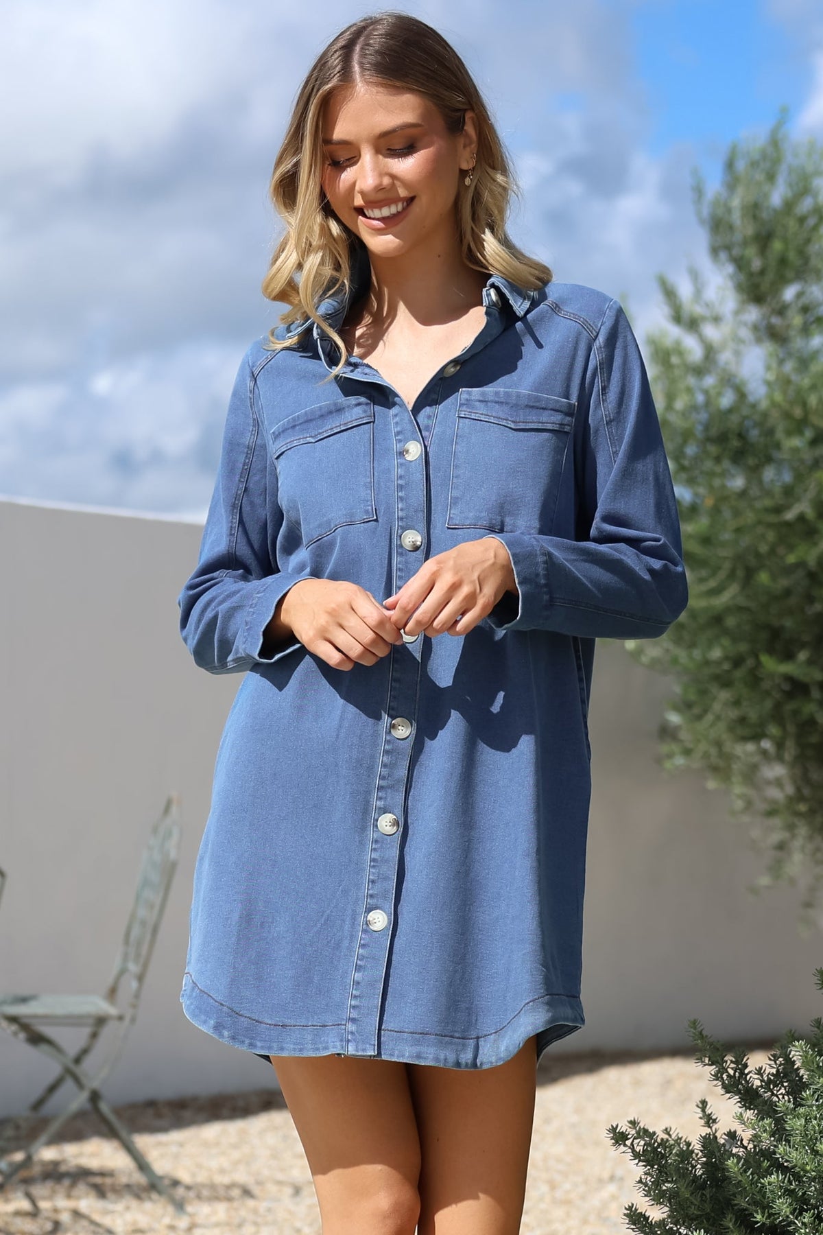 Kaylee Mini Dress - Collared Button Down with Scoop Hemline and Long Sleeves in Denim Blue