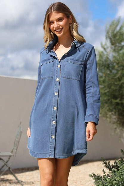 Kaylee Mini Dress - Collared Button Down with Scoop Hemline and Long Sleeves in Denim Blue