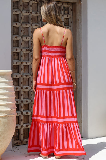 Kelis Maxi Dress - Adjustable Strap Sun Dress with Pockets in Bandi Stripe Pink