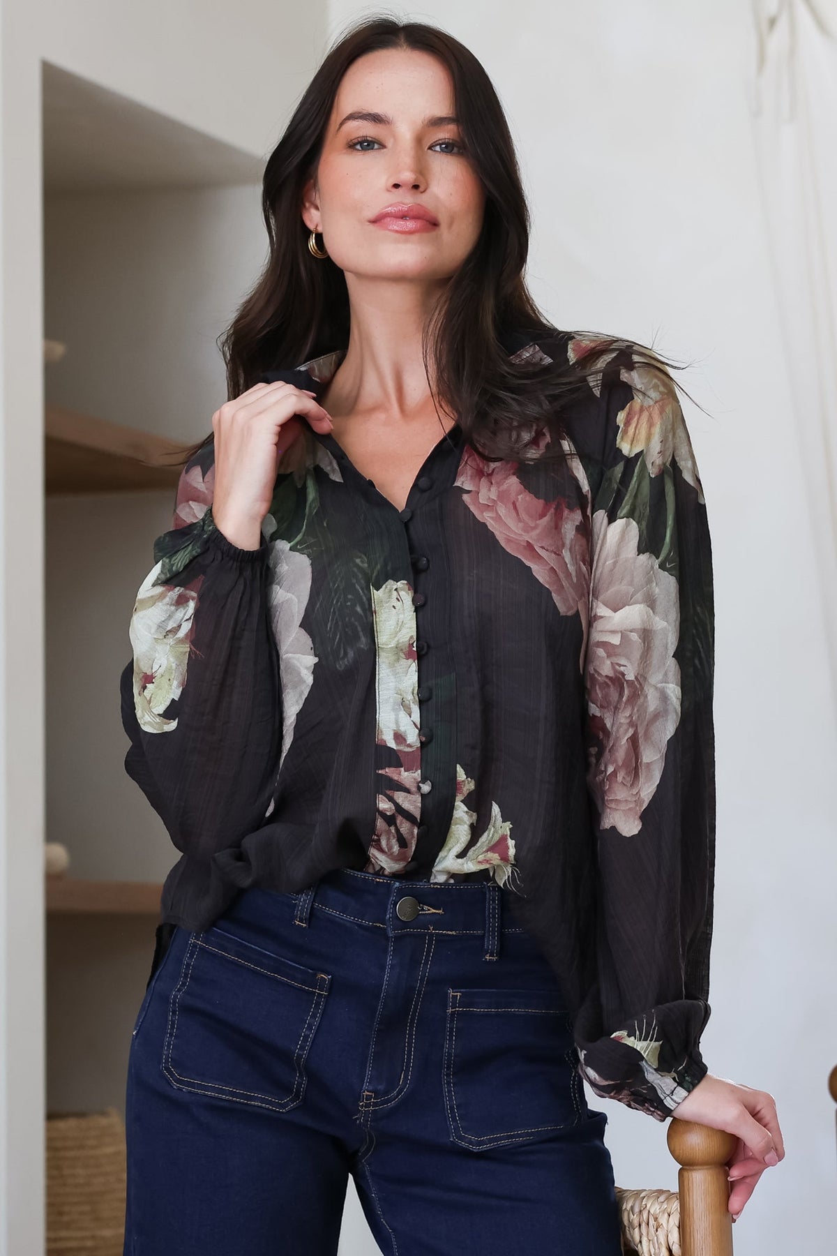 Kyla Blouse - Collared Button Down with Long Balloon Sleeves in Mika Print
