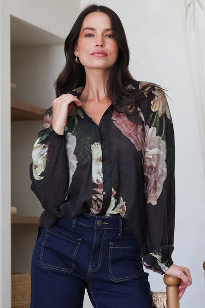 Kyla Blouse - Collared Button Down with Long Balloon Sleeves in Mika Print