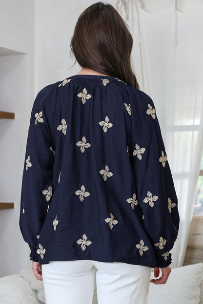LaBrea Blouse - Mandarin Collar Button Down Embroidered Floral Detailing in Gigi Print Navy