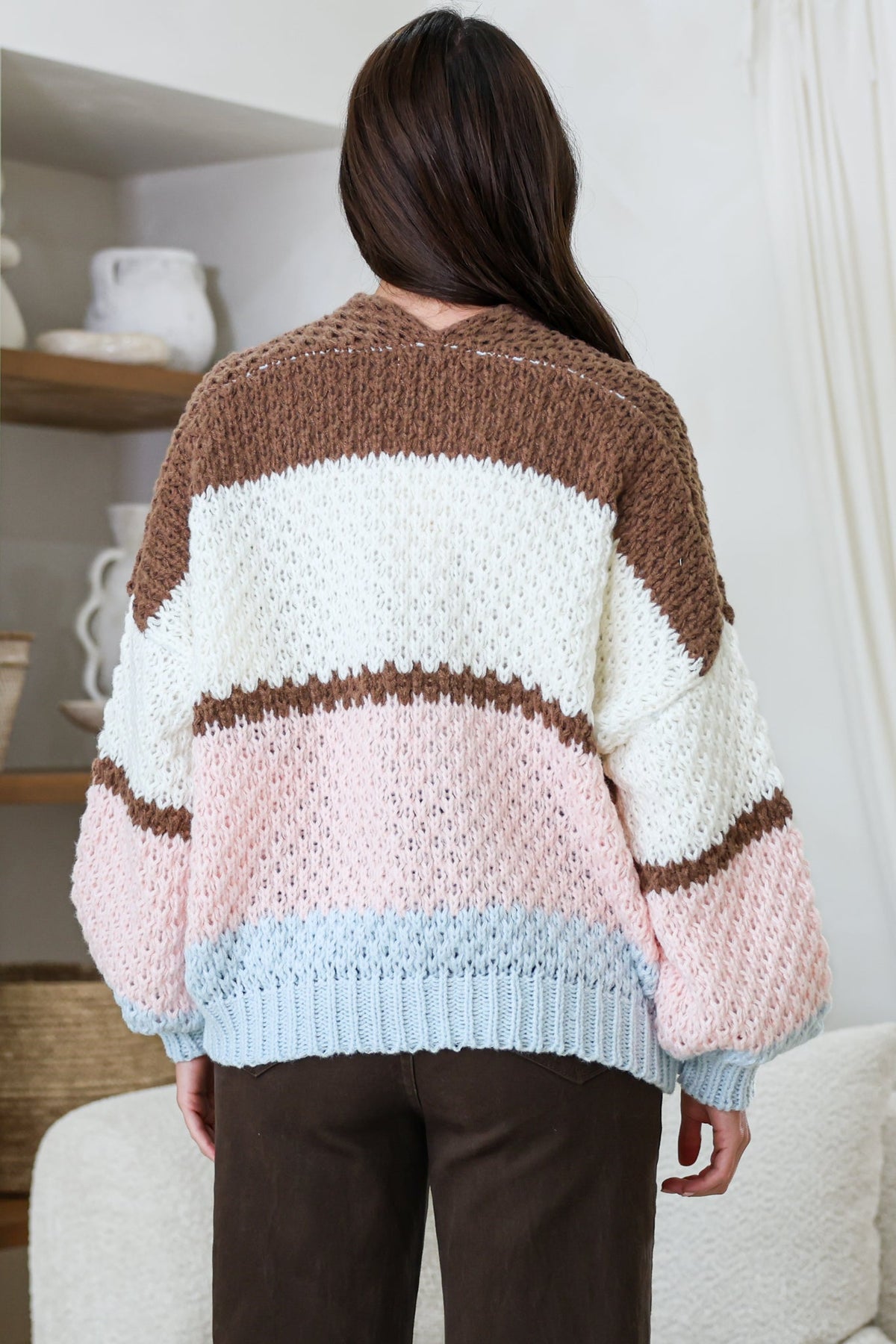 Lane Cardigan - Cropped Open Lattice Knit with Pockets and Balloon Sleeves in Marshmallow