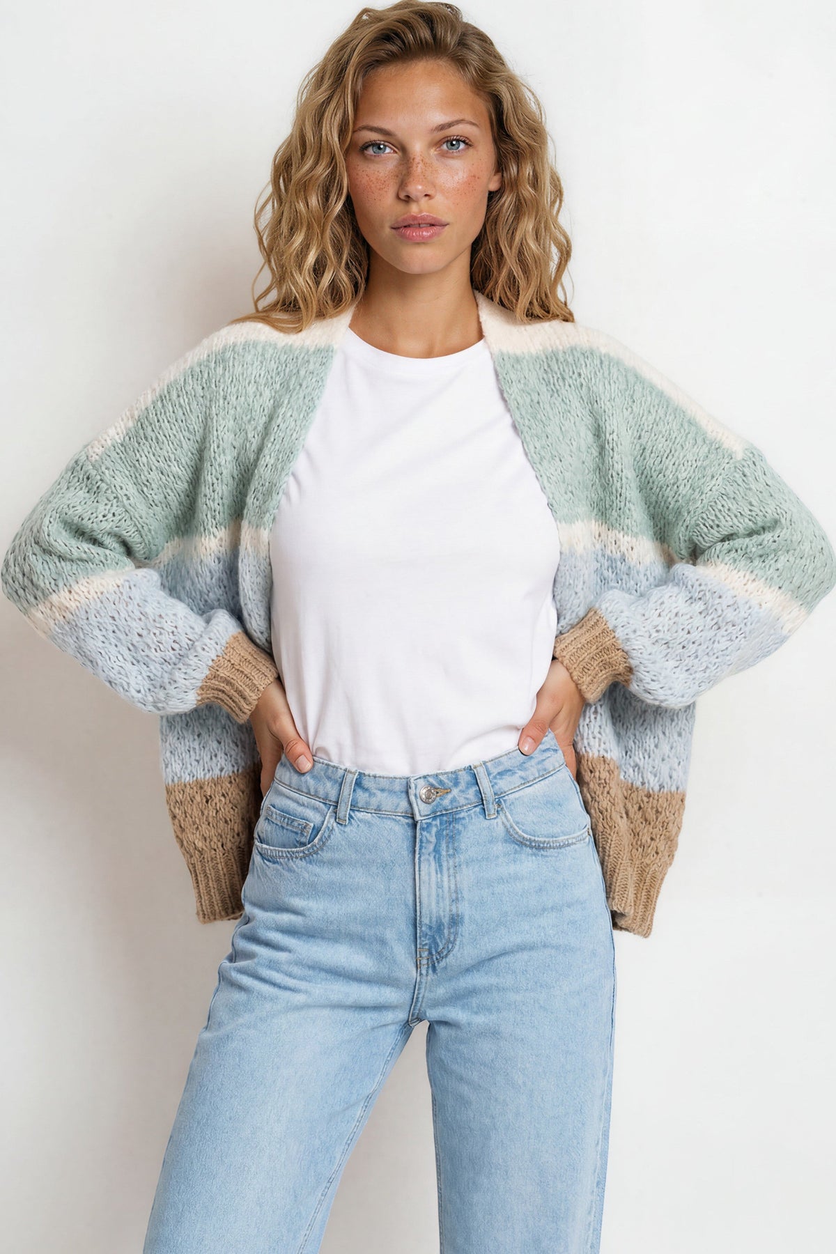 Lane Cardigan - Cropped Open Lattice Knit with Pockets and Balloon Sleeves in White/Green