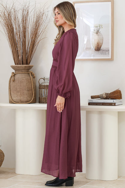 Lauder Maxi Dress - Lace Trim A-Line Dress with Balloon Sleeves in Plum