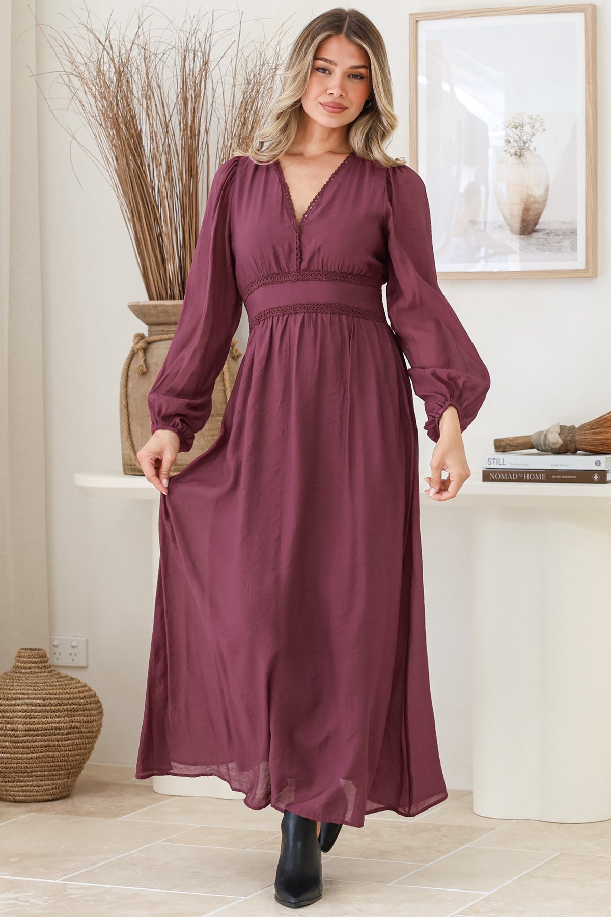 Lauder Maxi Dress - Lace Trim A-Line Dress with Balloon Sleeves in Plum