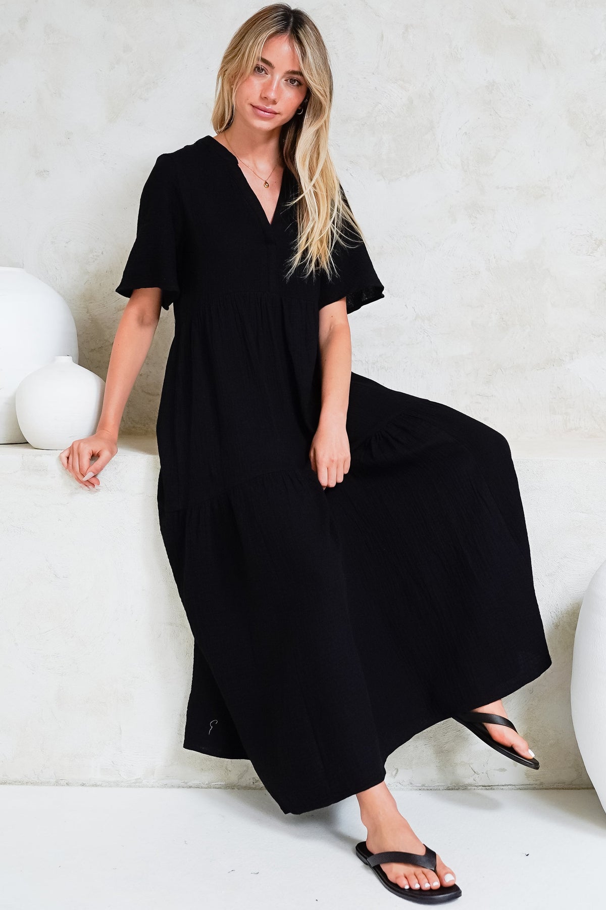 Laysa Maxi Dress - Mandarin Collar Short Sleeve Dress in Black