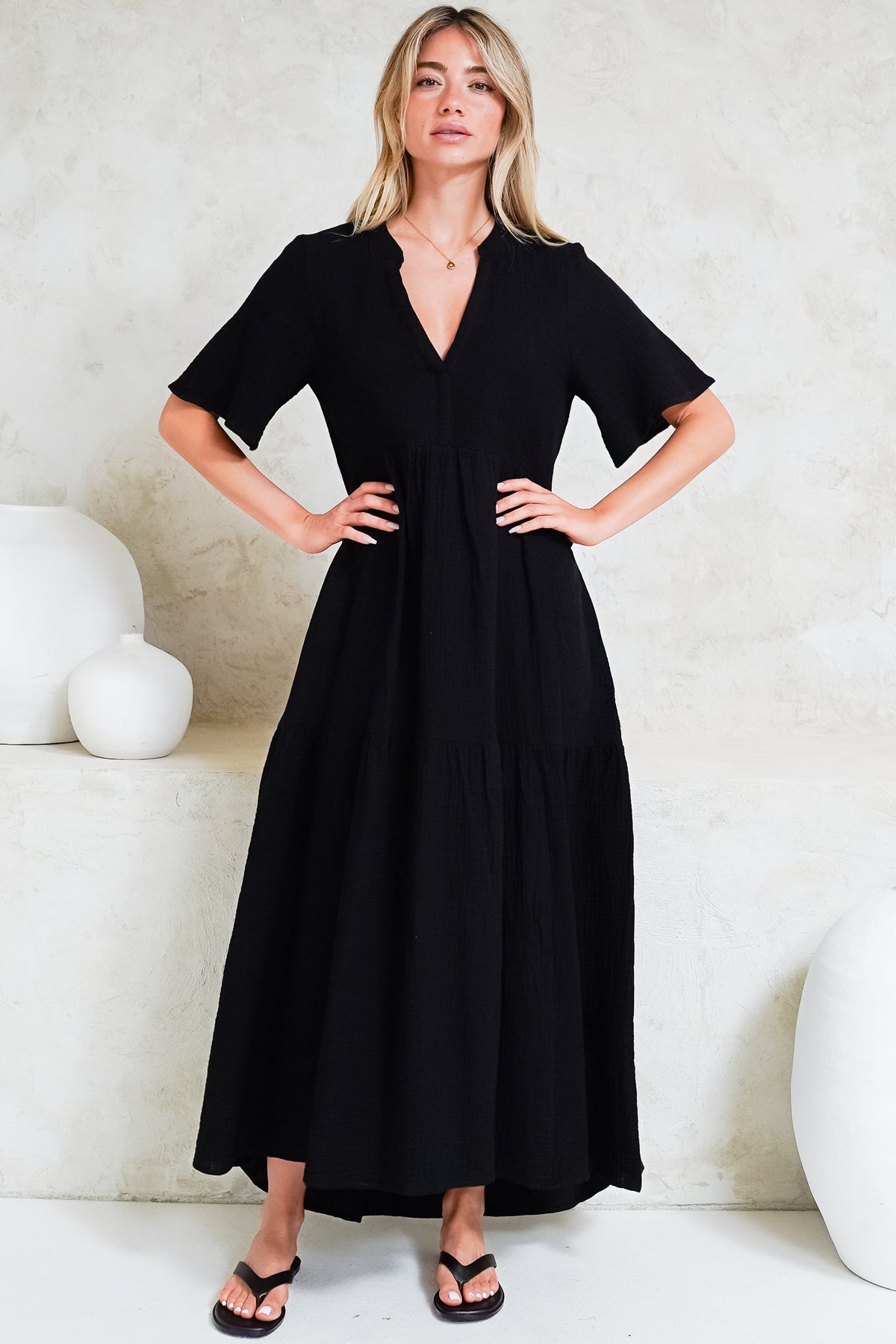Laysa Maxi Dress - Mandarin Collar Short Sleeve Dress in Black