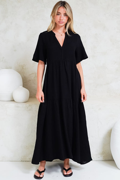 Laysa Maxi Dress - Mandarin Collar Short Sleeve Dress in Black