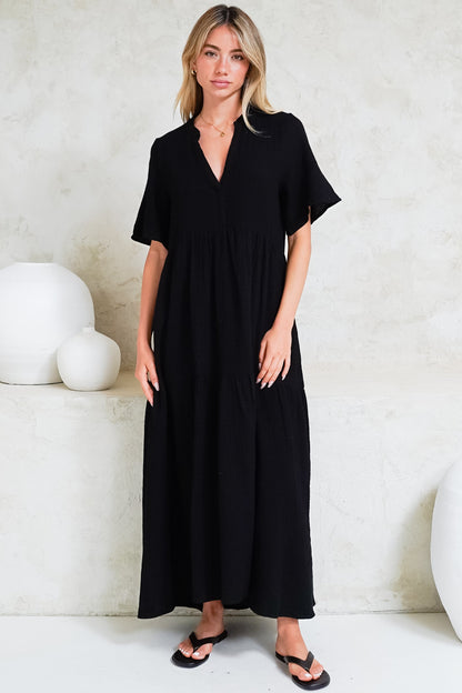 Laysa Maxi Dress - Mandarin Collar Short Sleeve Dress in Black