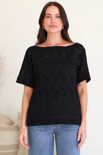 Lenka Lace Top - Asymmetric Relaxed Floral Lace Tee with Side Splits in Black