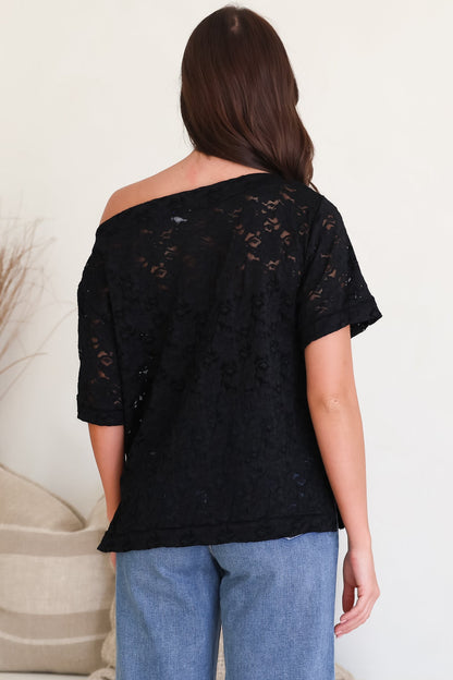 Lenka Lace Top - Asymmetric Relaxed Floral Lace Tee with Side Splits in Black
