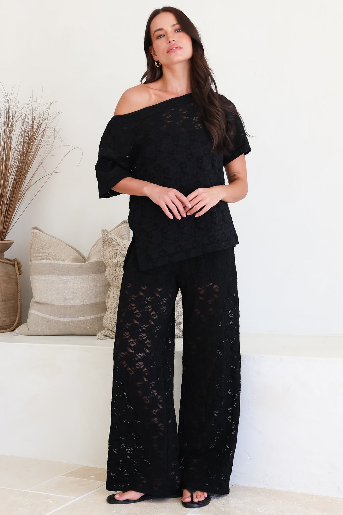 Lenka Lace Pants - High Waisted Floral Lace Pants with Built in Shorts in Black