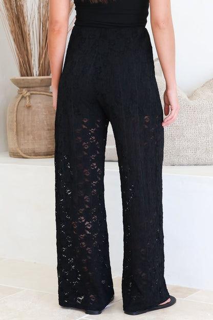 Lenka Lace Pants - High Waisted Floral Lace Pants with Built in Shorts in Black