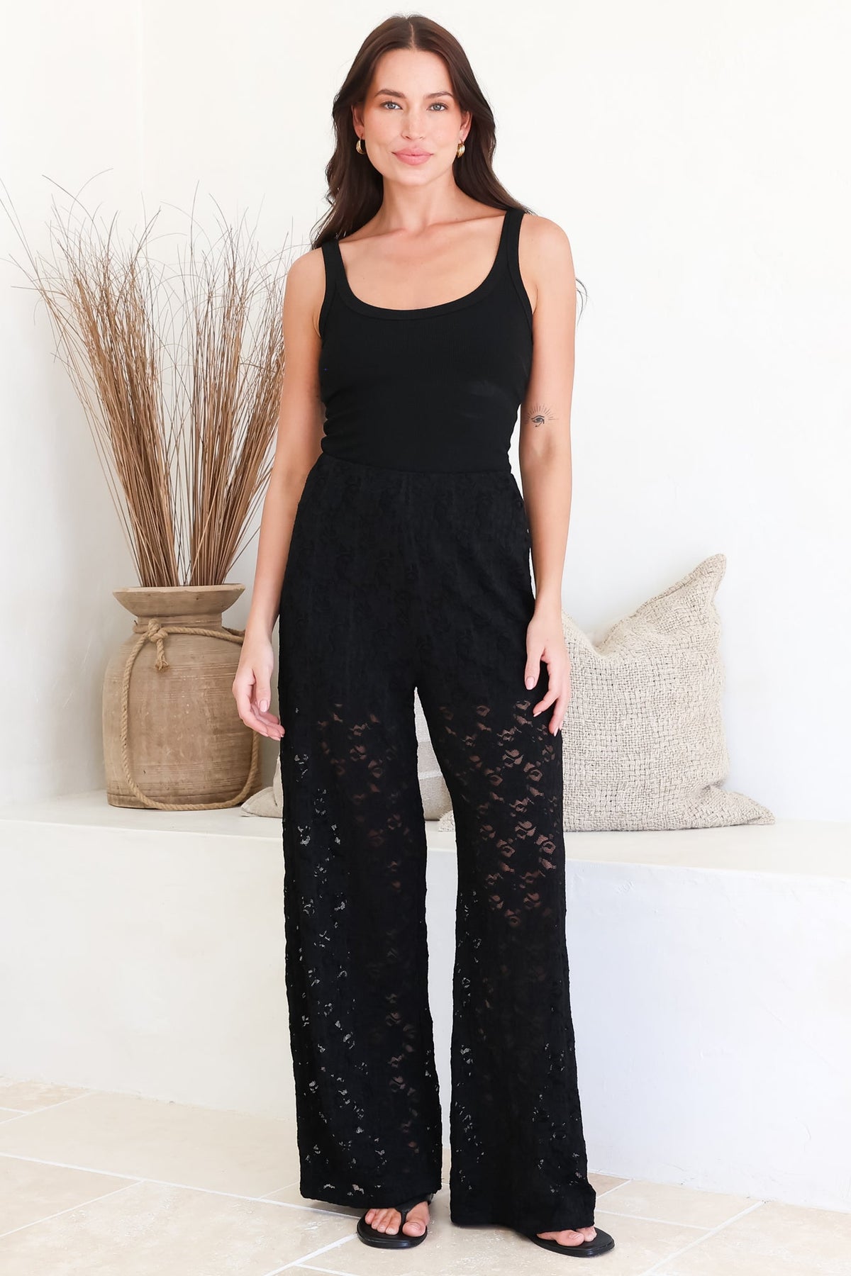 Lenka Lace Pants - High Waisted Floral Lace Pants with Built in Shorts in Black