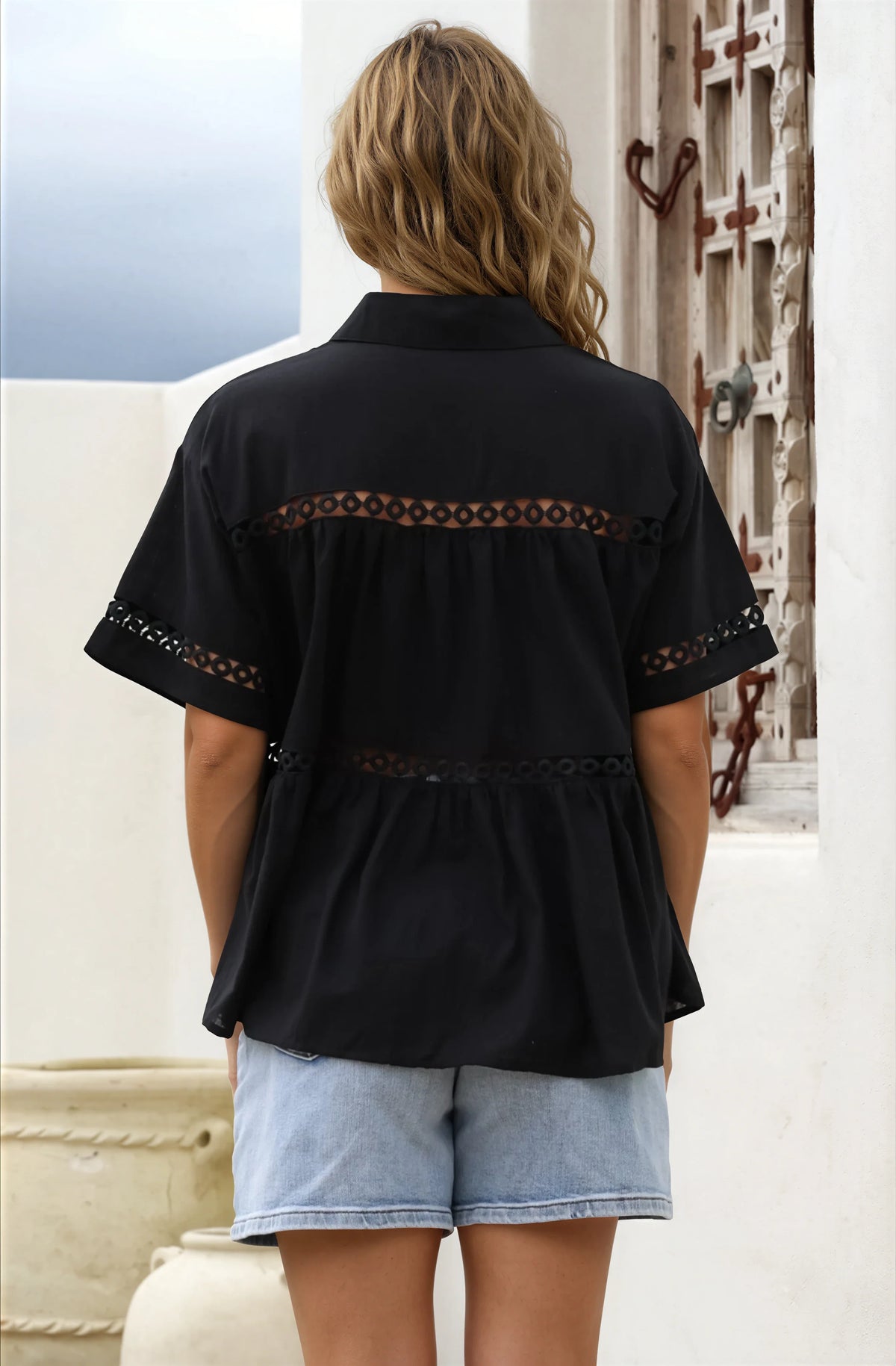 Leyana Shirt - Collared Cut Out Insert Button Down in Black