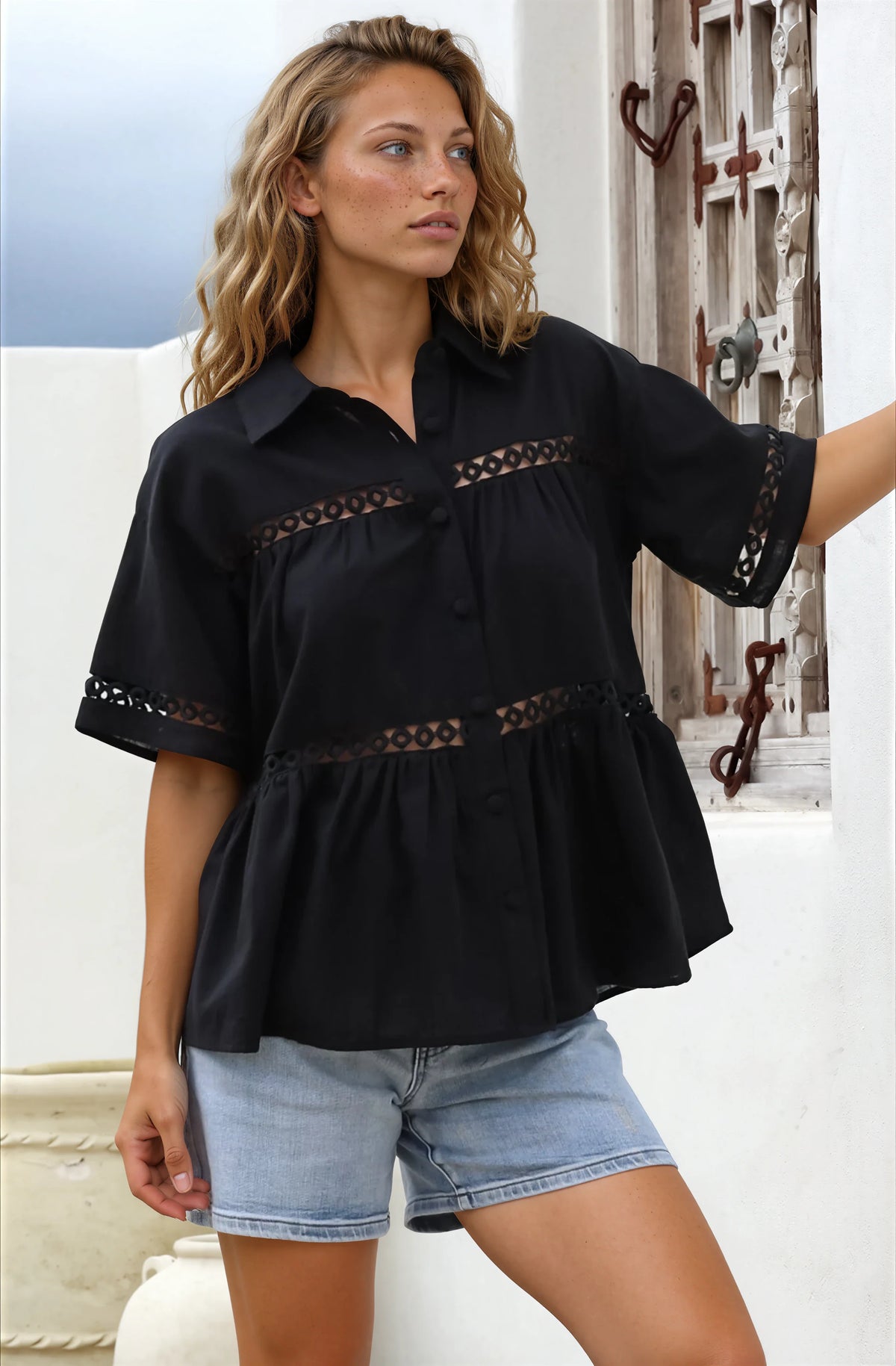 Leyana Shirt - Collared Cut Out Insert Button Down in Black